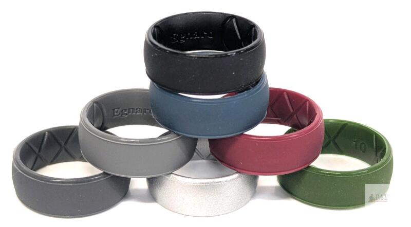 New 7-Pack Size 10 Unisex Egnaro Silicone Rings 10mm Wide 2.5mm Thick, Rubber Wedding Bands with Inner Arc Ergonomic Breathable Design