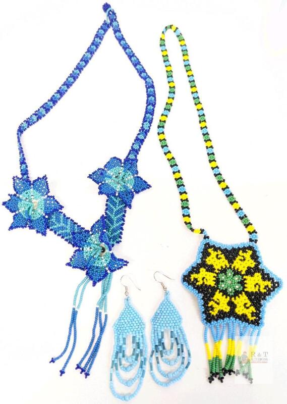 Gorgeous Handmade Intricately Beaded Necklaces (Celestial Star & Floral, Up To 24" Long & Pair of Pierced Earrings 2 75" Long