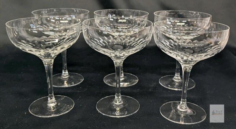 6 Vintage ORREFORS SWEDEN Prelude Clear Crystal Sherbet Champagne Glasses, 5.25" Tall, No Chips or Cracks, Some Utensil Marks Can Apparently Be Seen