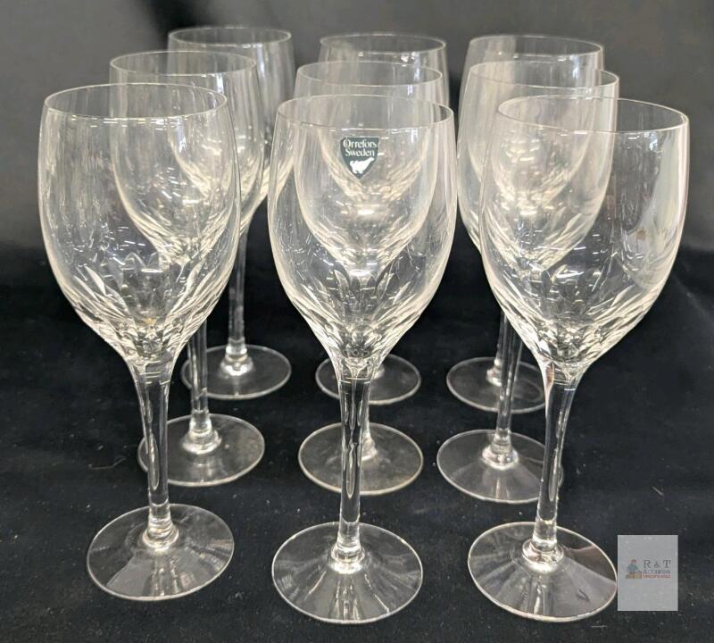 9 Vintage ORREFORS SWEDEN Prelude Clear Crystal Claret Wine Glasses, 7.3" Tall, No Chips or Cracks, Some Utensil Marks Can Apparently Be Seen