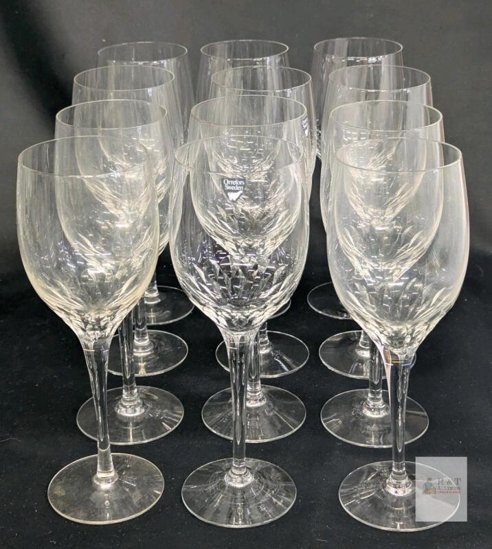 12 Vintage ORREFORS SWEDEN Prelude Clear Crystal Wine Glasses, 8.5" Tall, No Chips or Cracks, Some Utensil Marks Can Apparently Be Seen