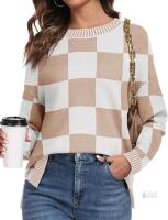 New Size XL Women's PrinStory Long Sleeve Checkered Sweater Loose Knitted Round Neck Side Split Pullover