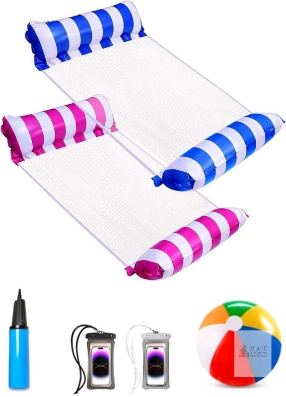 New 2-Pack Multi-Purpose Water Hammock Inflatable Pool Floats 27" &times; 49.5" + 2&times; Waterproof Cellphone Bags, Inflatable Beach Ball & Hand Pump