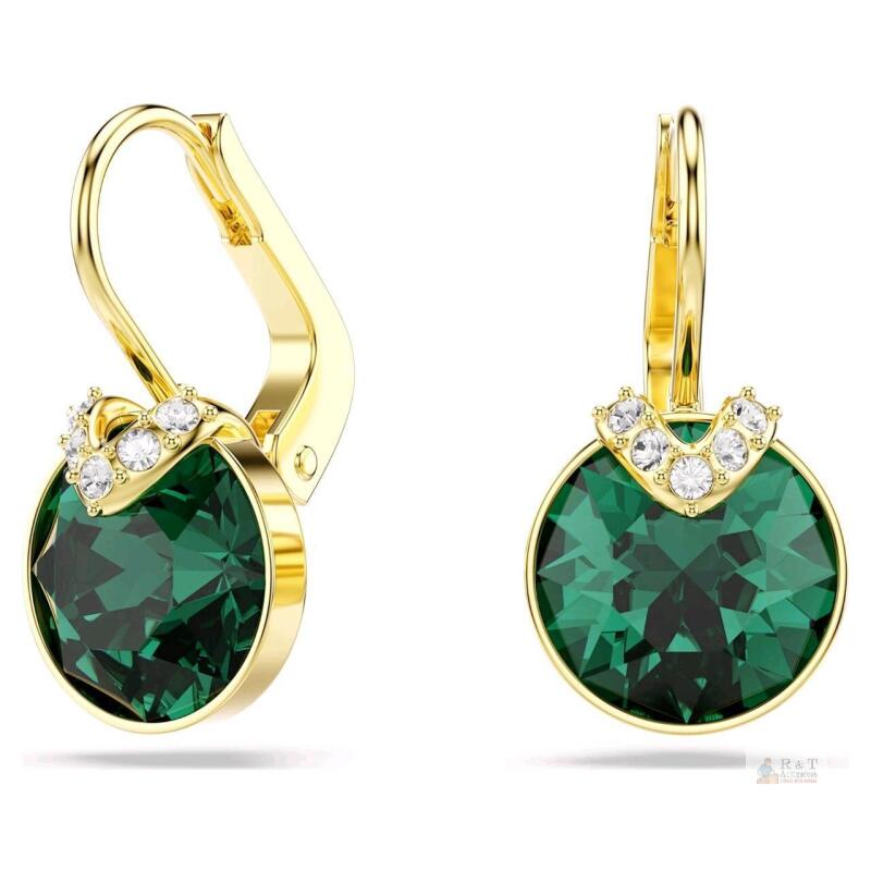 New SWAROVSKI Bella V Drop Earrings Round Cut, Green, 18K Gold Finish