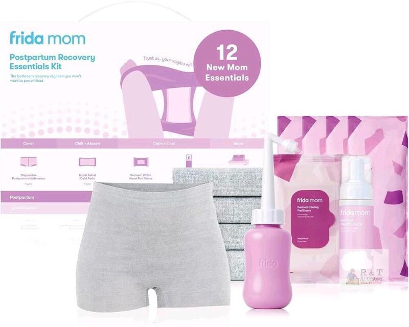 New Frida Mom Essential Kit for Postpartum Recovery - 1&times; Upside Down Peri Bottle - 4&times; O/S Disposable Underwear - 4&times; Instant Ice Maxi Pads - 1&times; Perineal Healing Foam - 24pc Witch Hazel Cooling Pad Liners, 1&times; Toilet-Top Caddy [exp 2027 01 06]