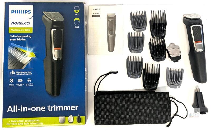 [No Charger] Philips Norenco Multigroom 3000 With 7 Guards, Precision Trimmer, Nose & Ear Trimmer, Bag (Tested for Power, in Good Cosmetic Condition, Residue Under Steel Trimmer) Model MG3740/40