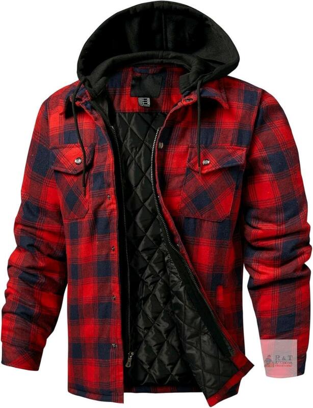 New Size 2XL Men's Chexpel Flannel Long Sleeve Plaid Shirt Jacket Quilt Lined Hooded with Button Down