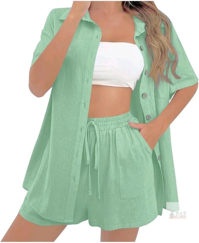 New Size LG Women's Cotton Linen Blend 2 Piece Summer Outfit : Button Down Short Sleeve Shirt with Shorts Set for Office, Travel