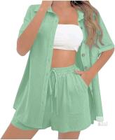 New Size LG Women's Cotton Linen Blend 2 Piece Summer Outfit : Button Down Short Sleeve Shirt with Shorts Set for Office, Travel