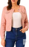 New Size LG Allegra K Denim Jacket 3/4 Sleeve Collarless Cardigan Button Up Cropped Jean Jacket