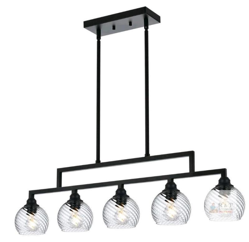 New - 5-Light Home Decor Pendant Lighting with Striped Swirl Globe Glass, Black Blown Glass Pendant Light Hanging Ceiling Lamp Contemporary Chandelier