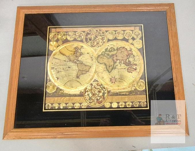 Framed Adam Friedrich Z&uuml;rner's Planisphaerium Terrestre World Map & Celestial Chart Embossed Print - 26"X31"