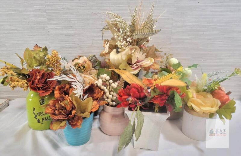 Eight (8) New Home Decor Faux Floral Potted Plants . Measures 8" - 16" tall