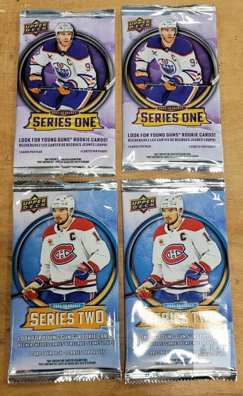 2025-26 Upper Deck Hockey Series One & Two Retail Packs, 4 Cards Each, McDavid & Suzuki Covers
