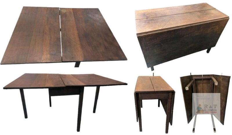 Vintage 28.5" Tall Solid Dark Wood Drop-Leaf Farmhouse Kitchen Table With Swing-Out Leg Braces - 20" &times; 42.5" When Down, 42.5" &times; 56.25" Extended