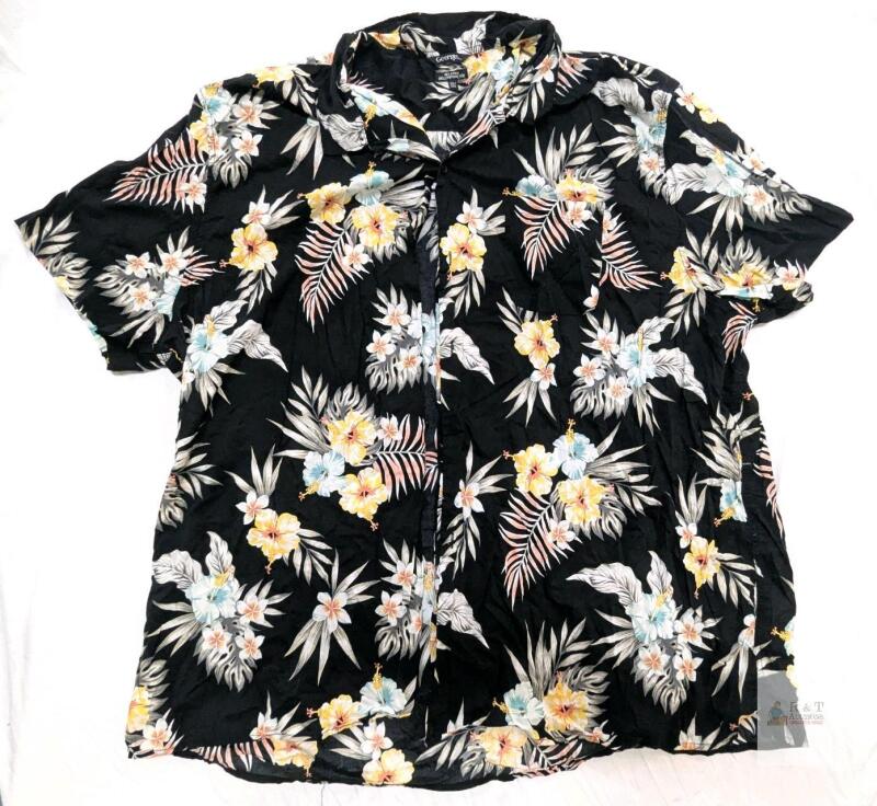 Size 5XL Men's George Relaxed Fit Cotton Blend Tropical Flowers Black Hawaiian-Style Short Sleeve Button-Up Top, In Good Condition, Light Wear