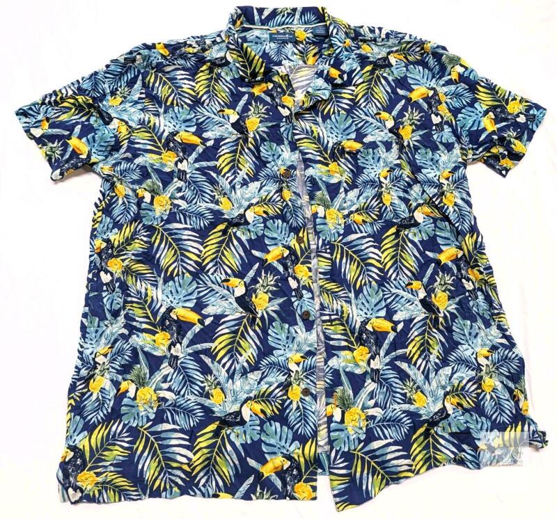 Size 4XL Men's Caribbean Joe Tropical Toucans Hawaiian-Style Short Sleeve Button-Up Top, In Good Condition, Light Wear
