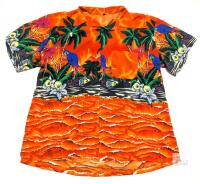 Size 4XL Men's Parrots Orange Waves Hawaiian-Style Short Sleeve Button-Up Top, In Good Condition, Light Wear