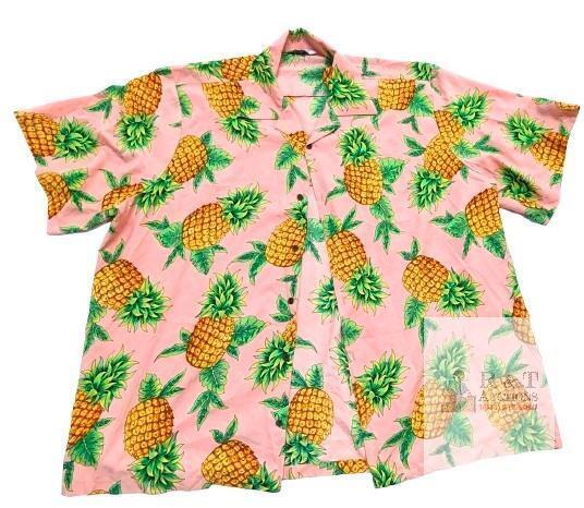 Size 4XL Men's Alvish Pink Pineapples & Tropical Plants Hawaiian-Style Short Sleeve Button-Up Top, In Good Condition, Light Wear