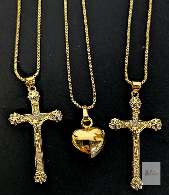 3 New Necklaces: Rhinestone Crucifixes & Puffy Heart, Each on 19" Box Chains Lobster Clasp, Magnetic