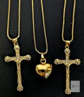 3 New Necklaces: Rhinestone Crucifixes & Puffy Heart, Each on 19" Box Chains Lobster Clasp, Magnetic