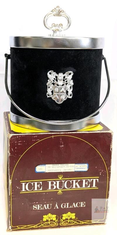 Vintage Mid Century Modern MCM Black Velvet Ice Bucket, Silver Shield Barware With Original Box 7.5" Diameter &times; 7" Tall Made in Hong Kong