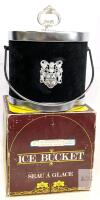 Vintage Mid Century Modern MCM Black Velvet Ice Bucket, Silver Shield Barware With Original Box 7.5" Diameter &times; 7" Tall Made in Hong Kong