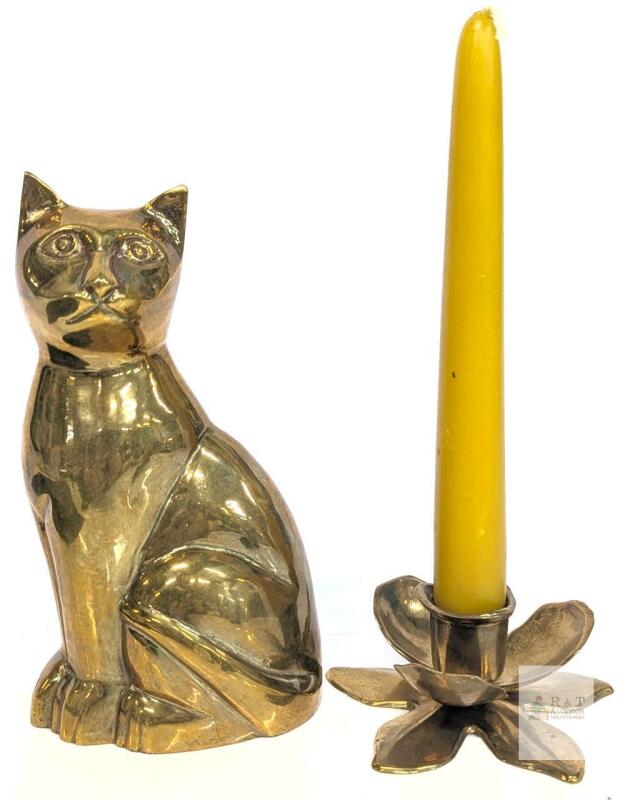 Vintage MCM Brass Sitting Cat Figure 6.8" Tall & Flower Candle Holder 1.75" With Candle 7.75"