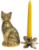 Vintage MCM Brass Sitting Cat Figure 6.8" Tall & Flower Candle Holder 1.75" With Candle 7.75"
