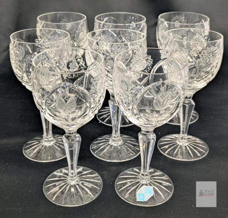 8 Vintage Sears "Country Rose" Cut Crystal Wine Hocks Goblets Glasses 6.25", No Chips or Cracks