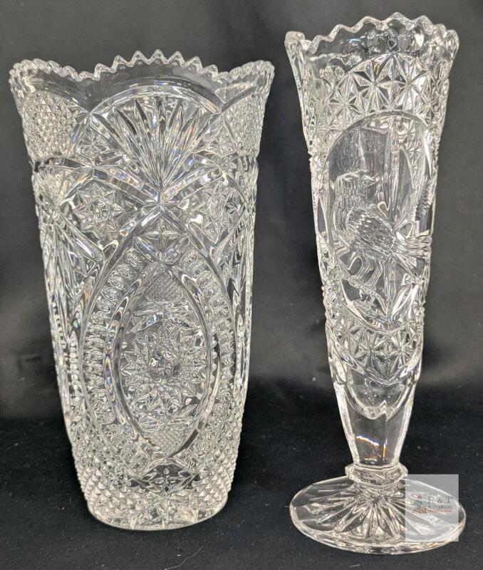 2 Vintage Substantial Crystal Vases : Hofbauer Crystal BYRDES 9.8" Footed Vase & Cristal D'arques 24% Lead Crystal Vase 9.5"tall 5.5"w Sawtooth Rim, No Chips or Cracks