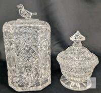 Vintage Hofbauer Lead Crystal Byrdes Biscuit Barrel Jar + Lid Bird Finial W/ Sticker 8.25" Tall & Crystal Pedestal Nut Mint Candy Dish With Lid 5.8", No Chips or Cracks, Some Scuffs Inside Nut Lid