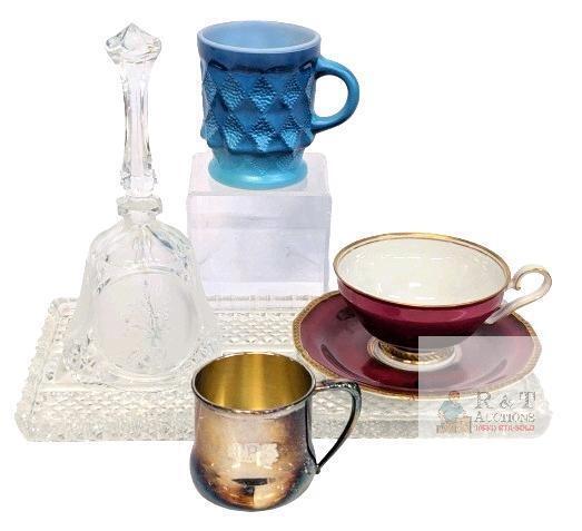 Vintage Anchor Hocking Fire King Green Kimberley Diamond Mug, Rogers Silverplate Child's Cup Engraved H. P. S., 5.7" &times; 11.5" Crystal Tray & 8.15" Table Bell, Royal Bayreuth Germany US Zone " The Worthington " Teacup & Saucer