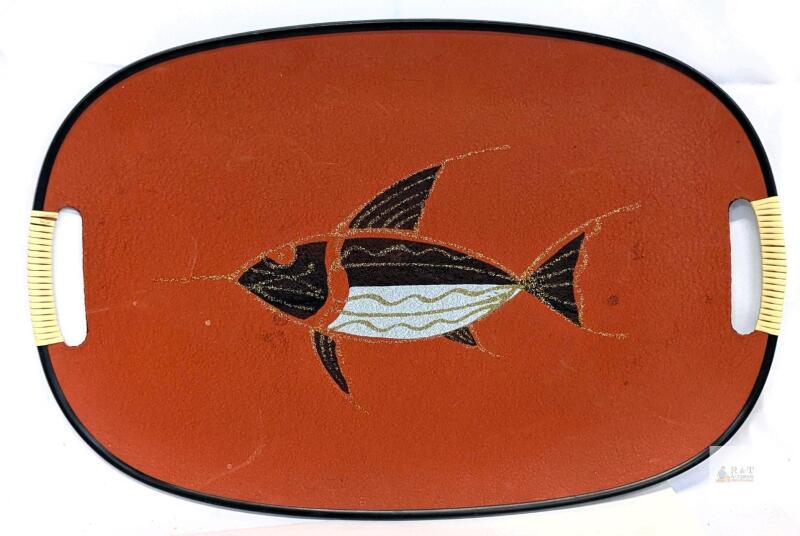 Vintage Red Wood Lacquerware Japan Swordfish Serving Tray Marlin Decor 12" &times; 17.75"