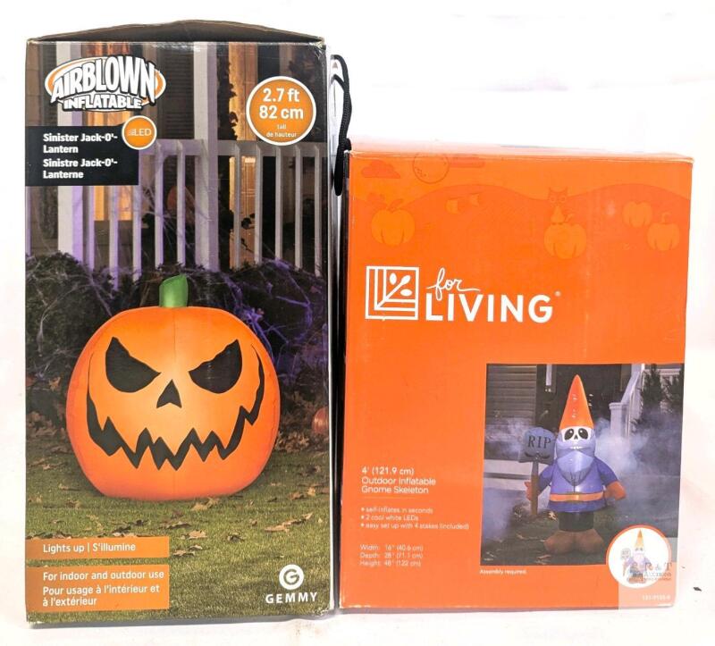 2 Halloween Inflatables: 2.7ft LED Sinister Jack-o'-lantern & 4' Gnome Skeleton, Untested