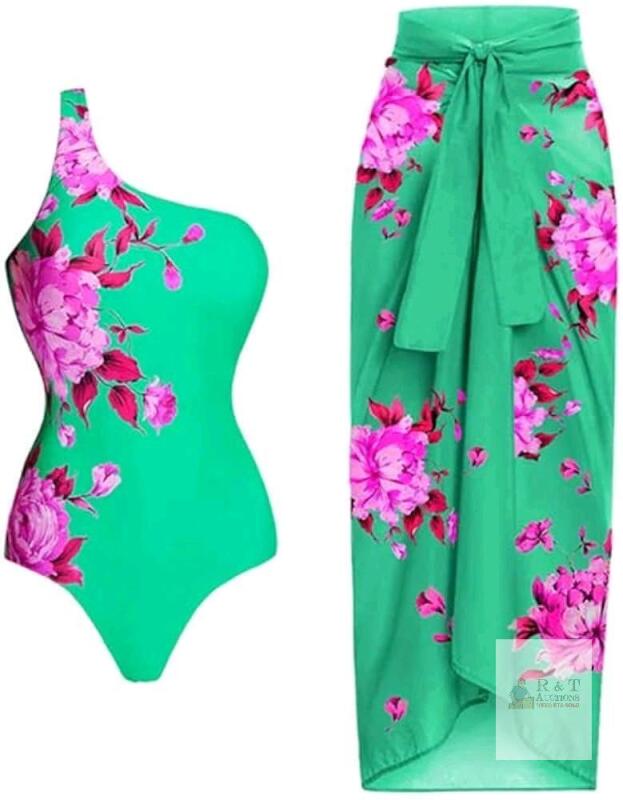 New Size MED Women's Asymmetrical Single Strap Tropical Flower Single-Piece Bathing Suit & Matching Beach Wrap Skirt