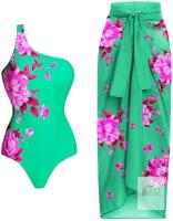 New Size MED Women's Asymmetrical Single Strap Tropical Flower Single-Piece Bathing Suit & Matching Beach Wrap Skirt