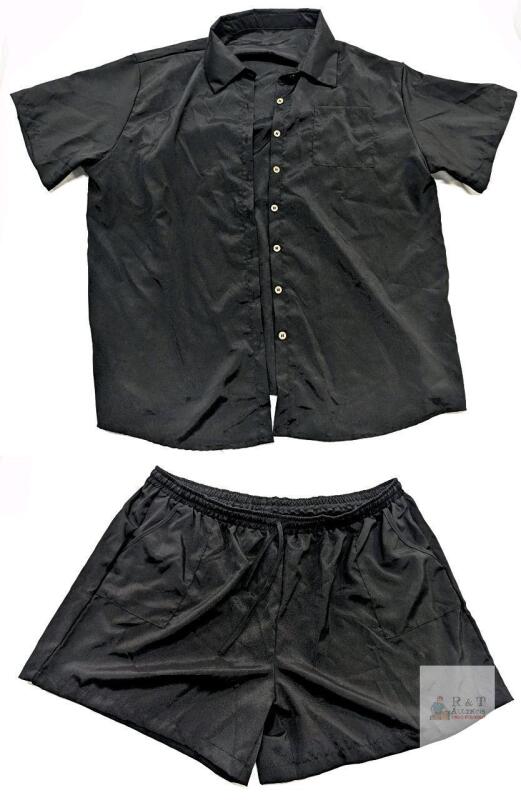 New Size 4XL Men's 2-Piece Button-Up Short Sleeve Top & Elastic Drawstring Waist Shorts Set