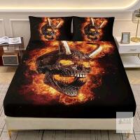 New QUEEN SIZE AILONEN Burning Skull Fitted Sheet + 2 Standard (51cm &times; 75cm) Pillow Cases, Death Metal Devil Skeleton Flame Bedding Set 3Pcs Bedroom Decor, Gothic Sugar Skull Microfiber Bed Sheet Set