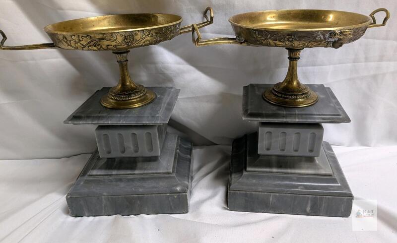 Pair Antique Gilt Bronze & Marble Neoclassical Compote Tazzas, 9.5" Tall, Grapevine Design