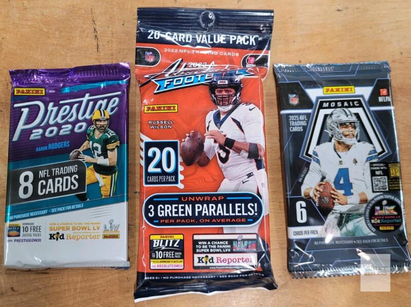 Panini NFL Sealed Football Card Packs: Prestige 2020 (8 Cards), Absolute 2022 (20), Mosaic 2023 (6)