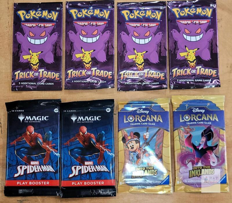 Lorcana Inklands, Pok&eacute;mon Trick or Trade, MTG Spider-Man&mdash;8 Booster Packs, Sealed, English