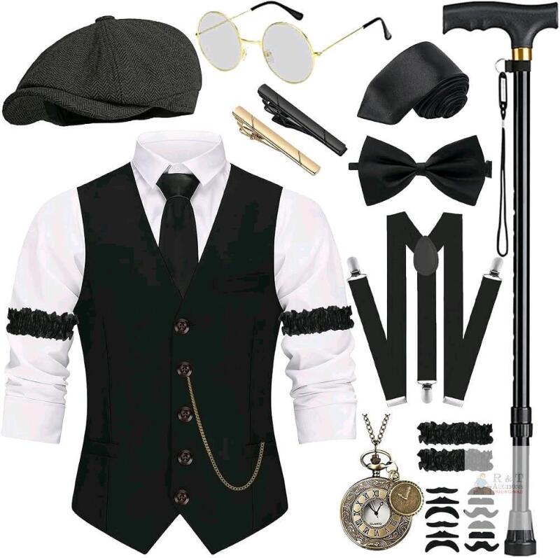 New VillbeCoser 1920s Mens Costume, Roaring 20s Costumes Accessories Set Vest Foldable Crutches Fedora Hat Pocket Watch Tie