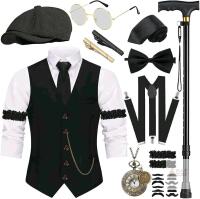 New VillbeCoser 1920s Mens Costume, Roaring 20s Costumes Accessories Set Vest Foldable Crutches Fedora Hat Pocket Watch Tie