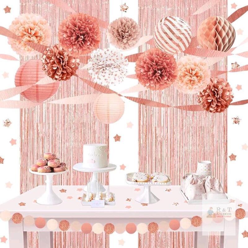 New NICROLANDEE Wedding Decorations, 22PCS Rose Gold and Pink Foil Fringe Curtain Paper Lanterns Tissue Pom Poms Streamer Backdrop Decor for Bridal Shower Valentines Girl Women Pink Birthday Party Decor