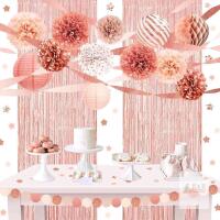 New NICROLANDEE Wedding Decorations, 22PCS Rose Gold and Pink Foil Fringe Curtain Paper Lanterns Tissue Pom Poms Streamer Backdrop Decor for Bridal Shower Valentines Girl Women Pink Birthday Party Decor