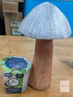 Decorative Mushroom Ornament with Glittery Cap, and glade candle