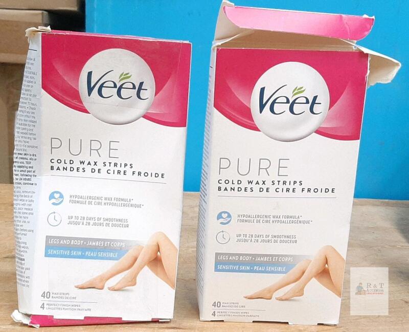 Veet PURE Cold Wax Strips, Sensitive Skin, 40 Strips + 4 Wipes per Box, Legs and Body, Exp 07/2028
