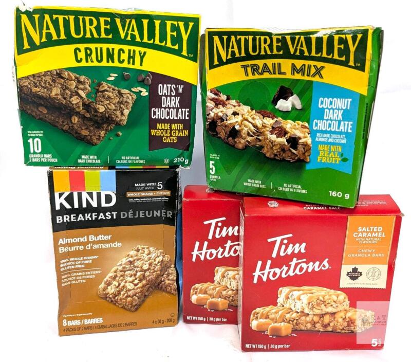 [bb 06/2026 - 2027] 5 New Boxes of Granola Bars: Tim Hortons Salted Caramel Chewy, Kind Breakfast Almond Butter, Nature Valley Crunchy Oats N Dark Chocolate / Coconut Datk Chocolate