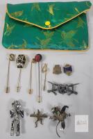 Vintage Brooches & Stick Pins . Aztec Figure Brooch , Thistle Brooch , Orchard Flower Brooch , Girl Guide Pin , Hamilton Street Railway Pin .